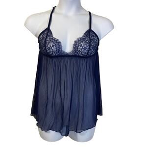 Victoria's Secret Dark Navy Blue Mesh Lace Nightie Babydoll Chemise Sz L
